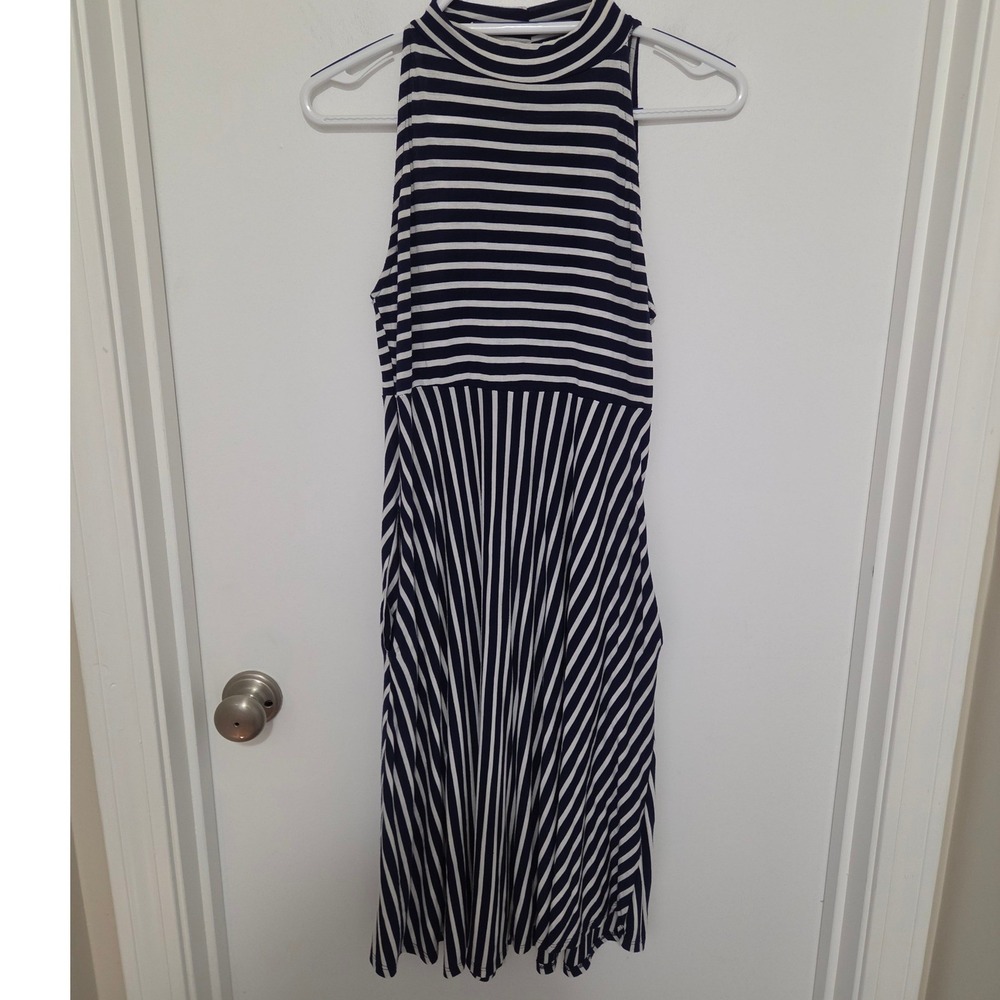 Hailey & Co Navy Blue White Striped Mock Neck Sleeveless Fit Flare Dress Large